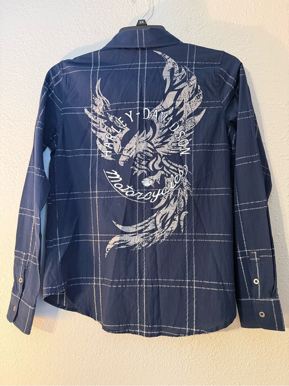 Harley Davidson Blue Plaid Button-Up Shirt with Back Graphic - Picture 3 of 9